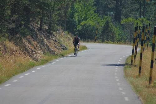 cycliste sur route du Ventoux avec piquets jaunes et noirs