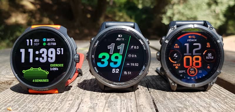 Suunto Race 2, Garmin Forerunner 970 et Garmin Fenix 8 compares