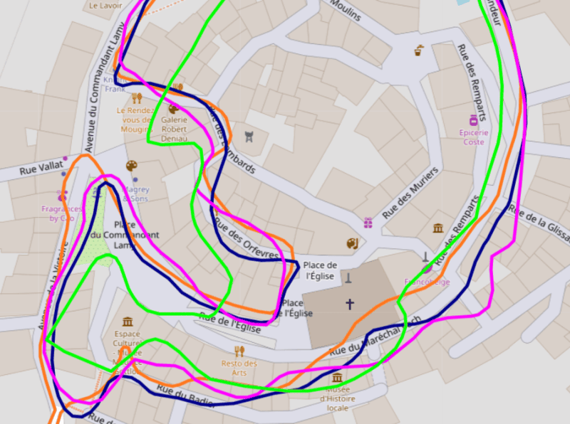 Carte avec traces en différents modes GPS