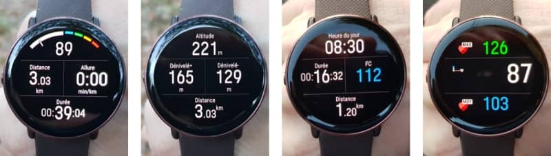 La montre peut afficher jusqu'à 8 écrans de 1 à 4 données Ecrans sportifs