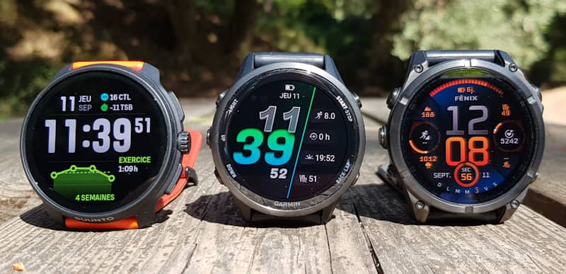 Suunto Race 2, Garmin Forerunner 970 et Garmin Fenix 8 compares